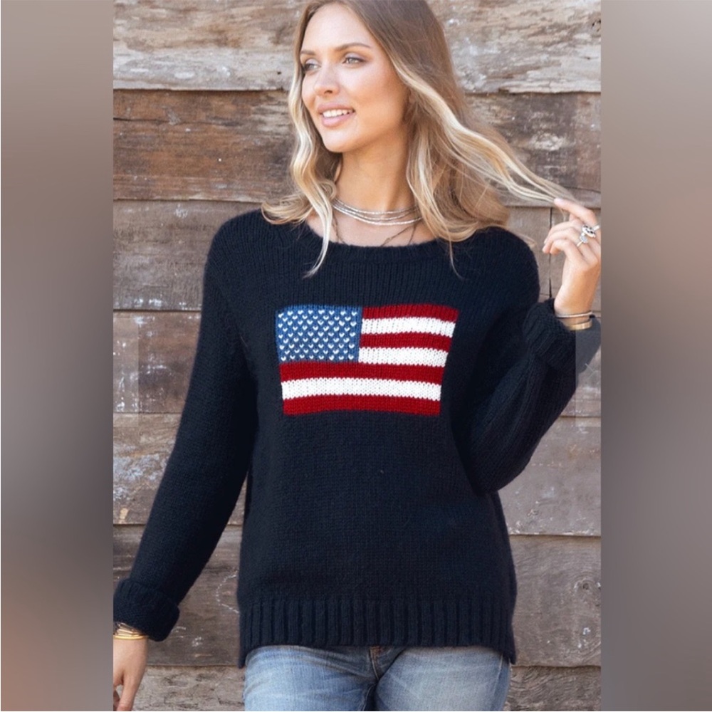 Wooden Ships American Flag Sweater navy Blue White Red Long Sleeve open knit S/M